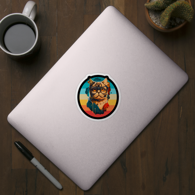 Funny Retro Cat Face With Glasses & A  Sunset Background by Kimmicsts